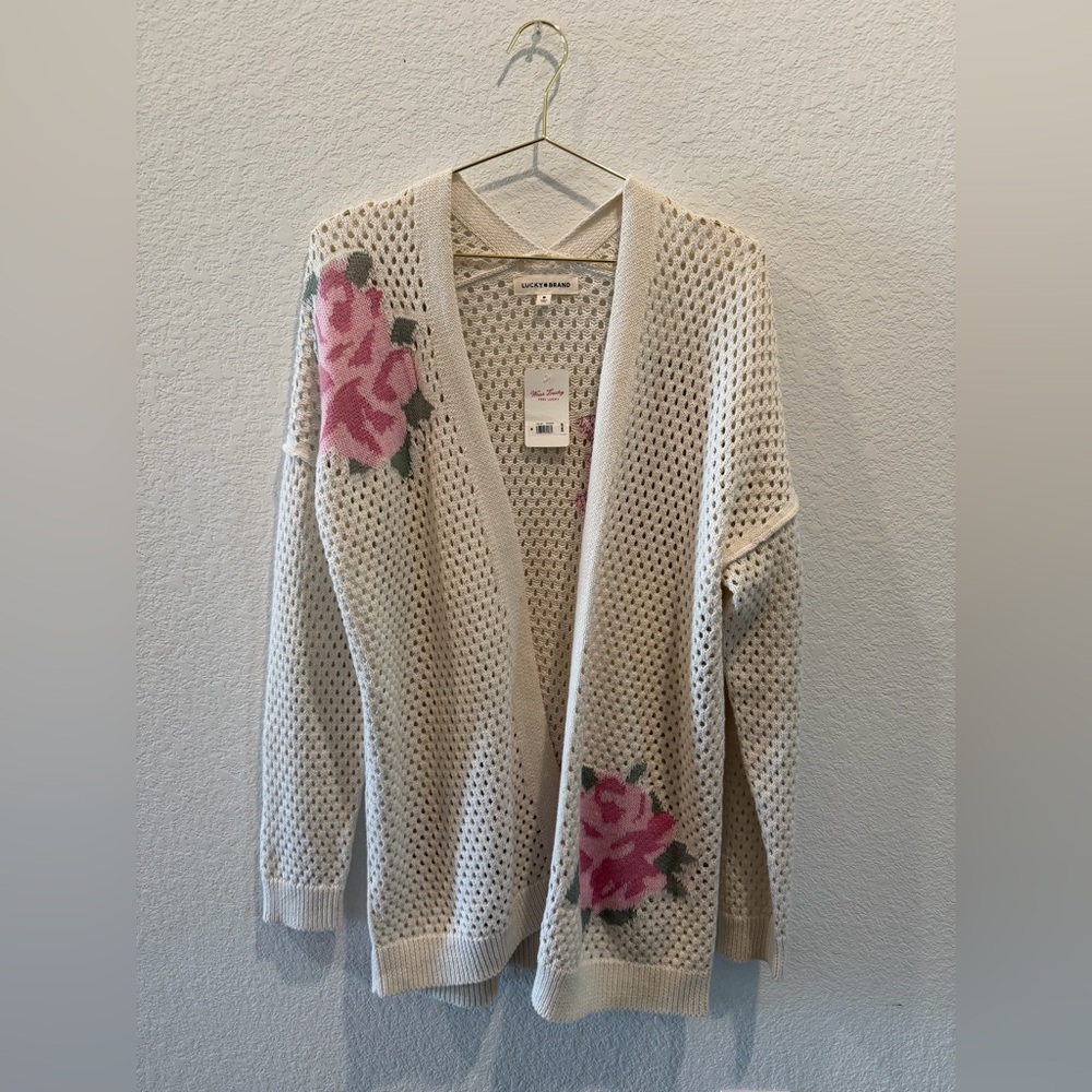 Lucky Brand beige pink floral rose knit crochet cardigan sweater